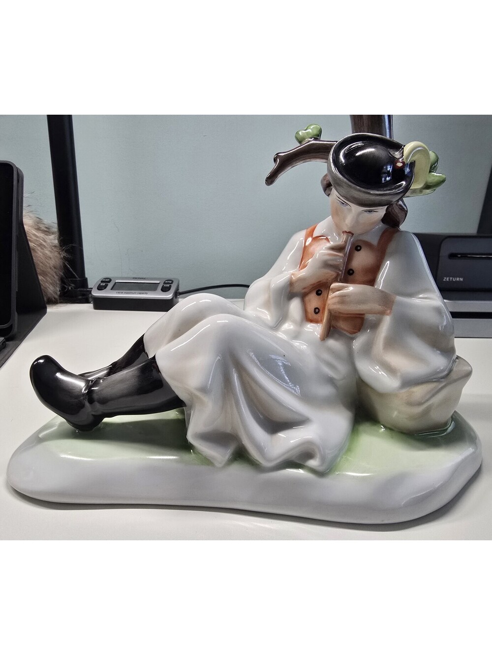 Vintage Zsolnay Pecs Hungary Porcelain Figure Man Playing Music Flute
